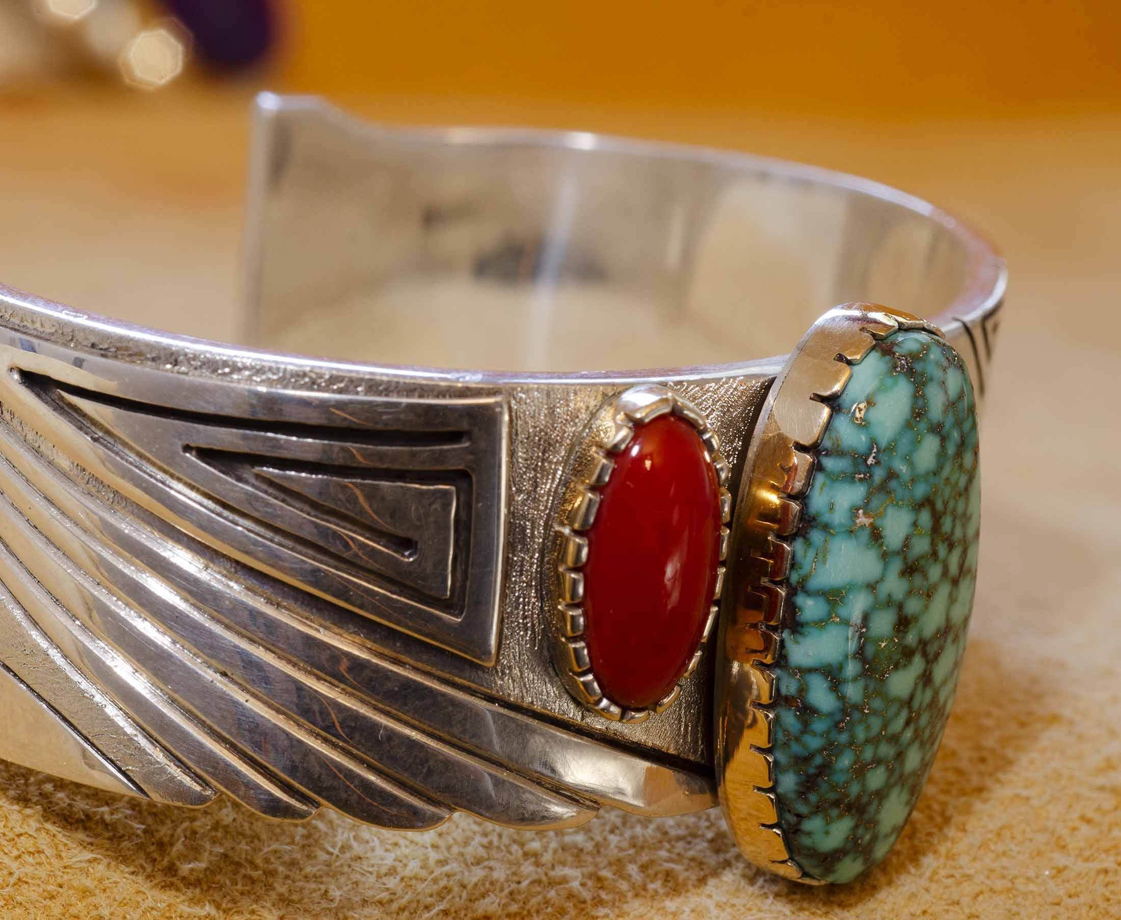 Leo Yazzie - Spider Web Turquoise and Coral Bracelet